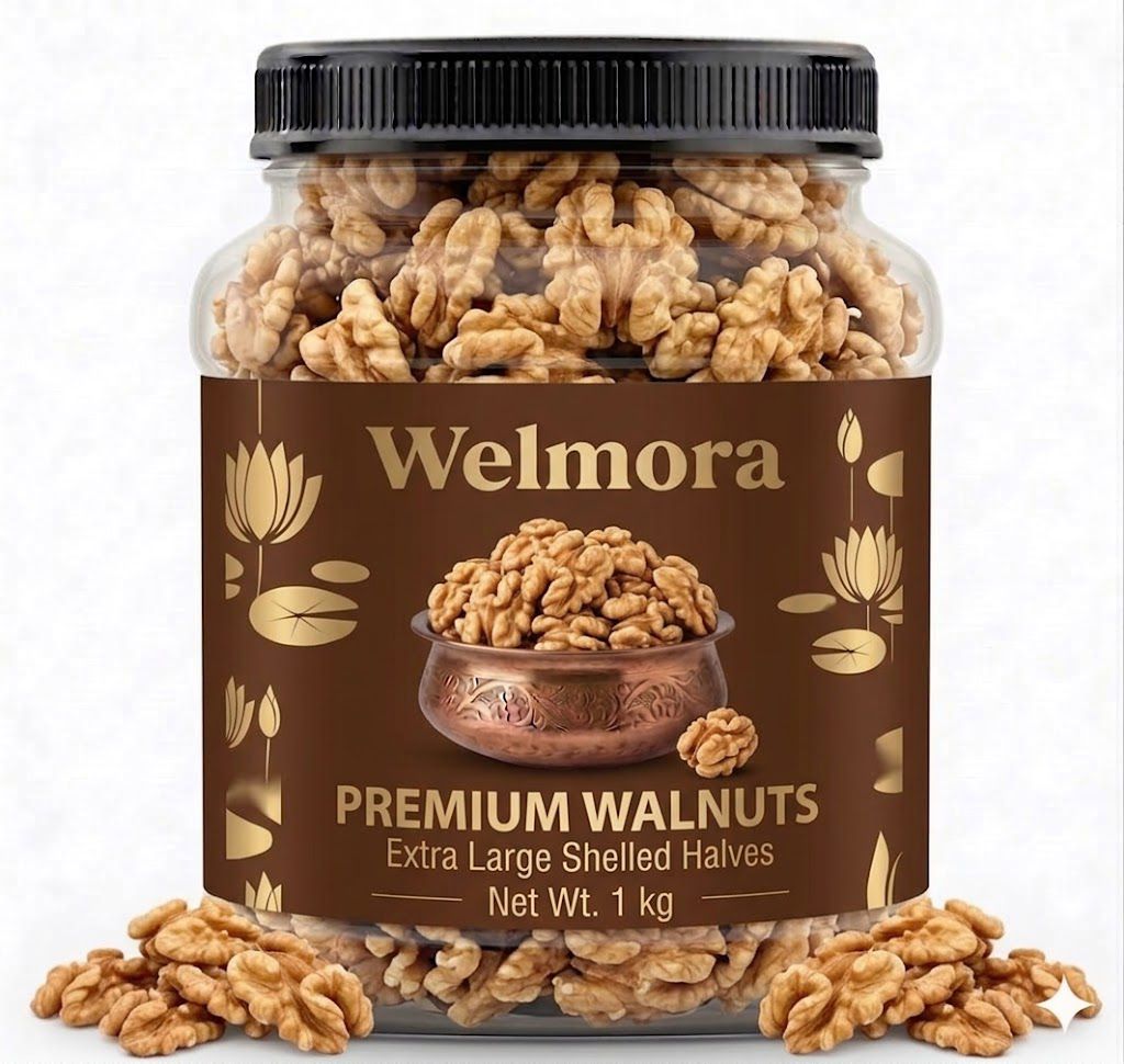 Welmora Premium Walnuts (Akhrot) – Extra Large Shelled Halves | 1kg Pack