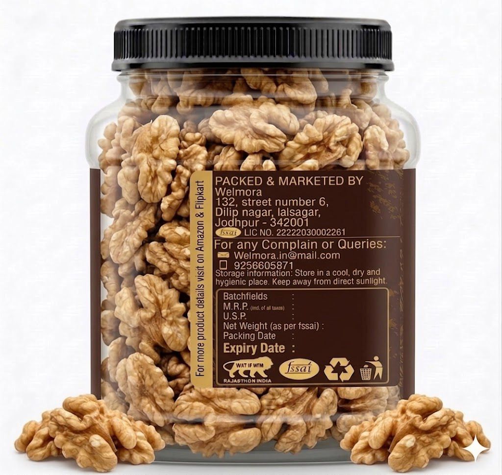 Welmora Premium Walnuts (Akhrot) – Extra Large Shelled Halves | 1kg Pack